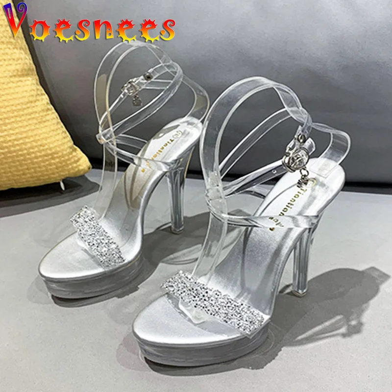 High Quality Model T-station Show Sexy Crystal Pumps Transparent High Heels Sequins Vamp Wedding Platform Sandals Women Shoes