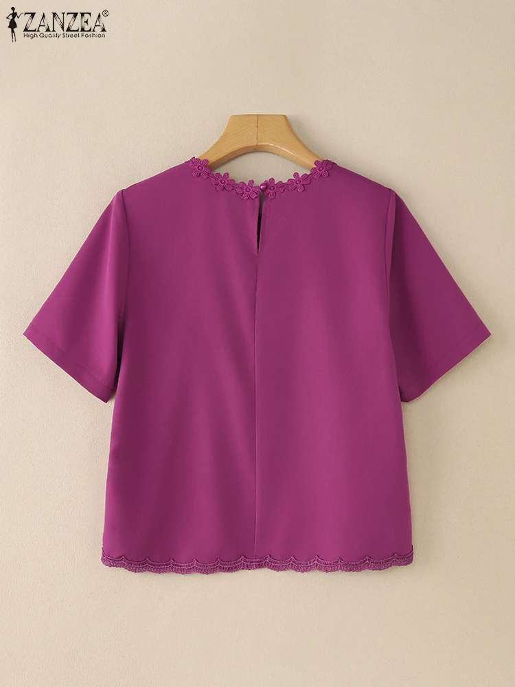 2025 Camicetta estiva con finiture in pizzo ZANZEA Donna Elegante O Collo Manica corta Top da lavoro Moda Vacanza Blusas Camicia allentata casual Mujer