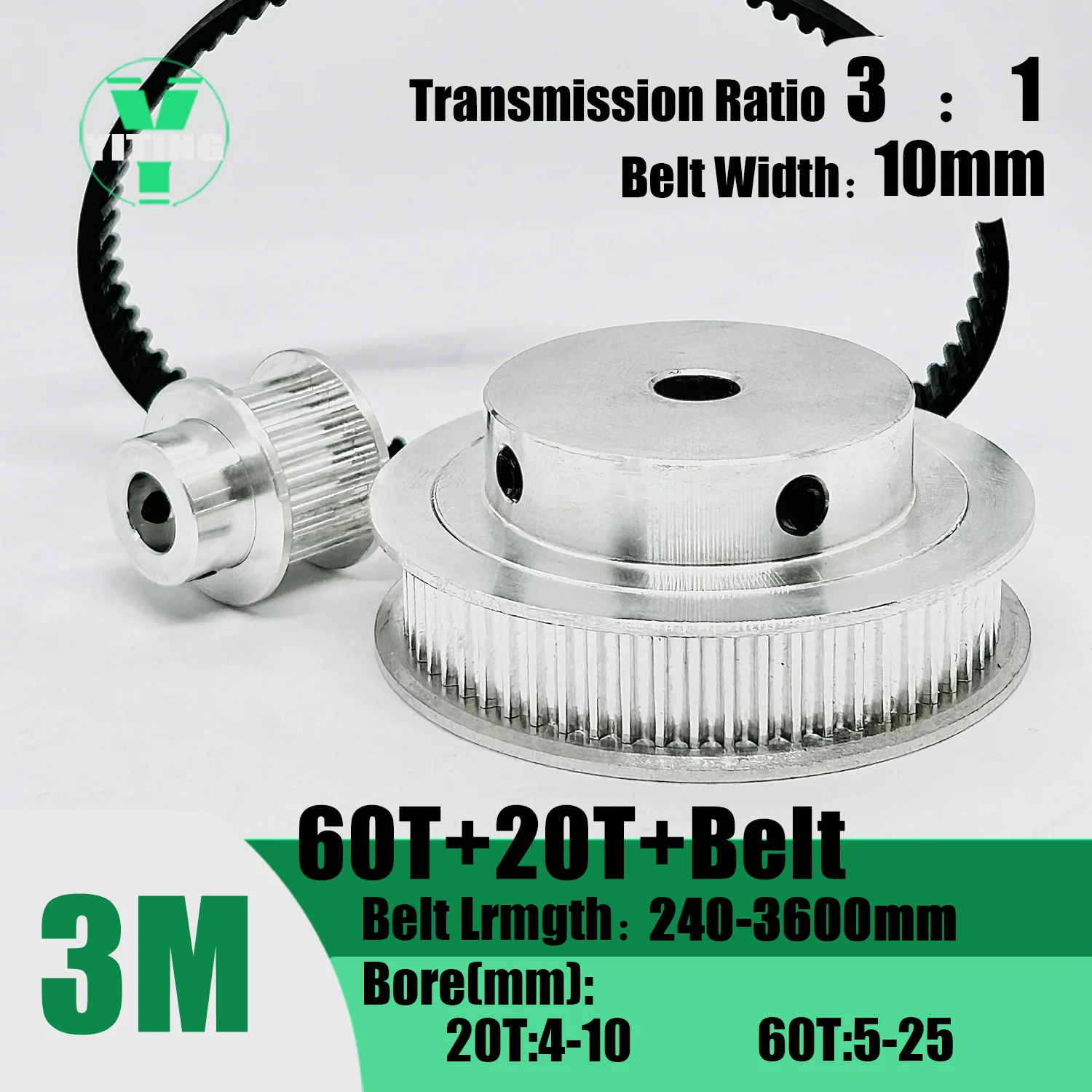 HTD 3M 20Teeth 60Teeth 3M 20T 60T Timing Pulley Belt Set Belt Width 10mm Bore 4~25mm Reduction 3:1 Pulley Kit Synchronous Wheel