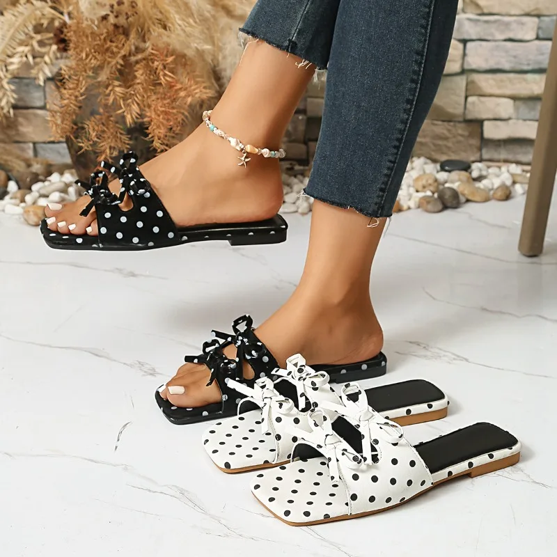 Summer Women's Wave Point Style Bow Embellishment Square Open Toe Lightweight Comfortable Slippers Women Elegant Fashion Sandals