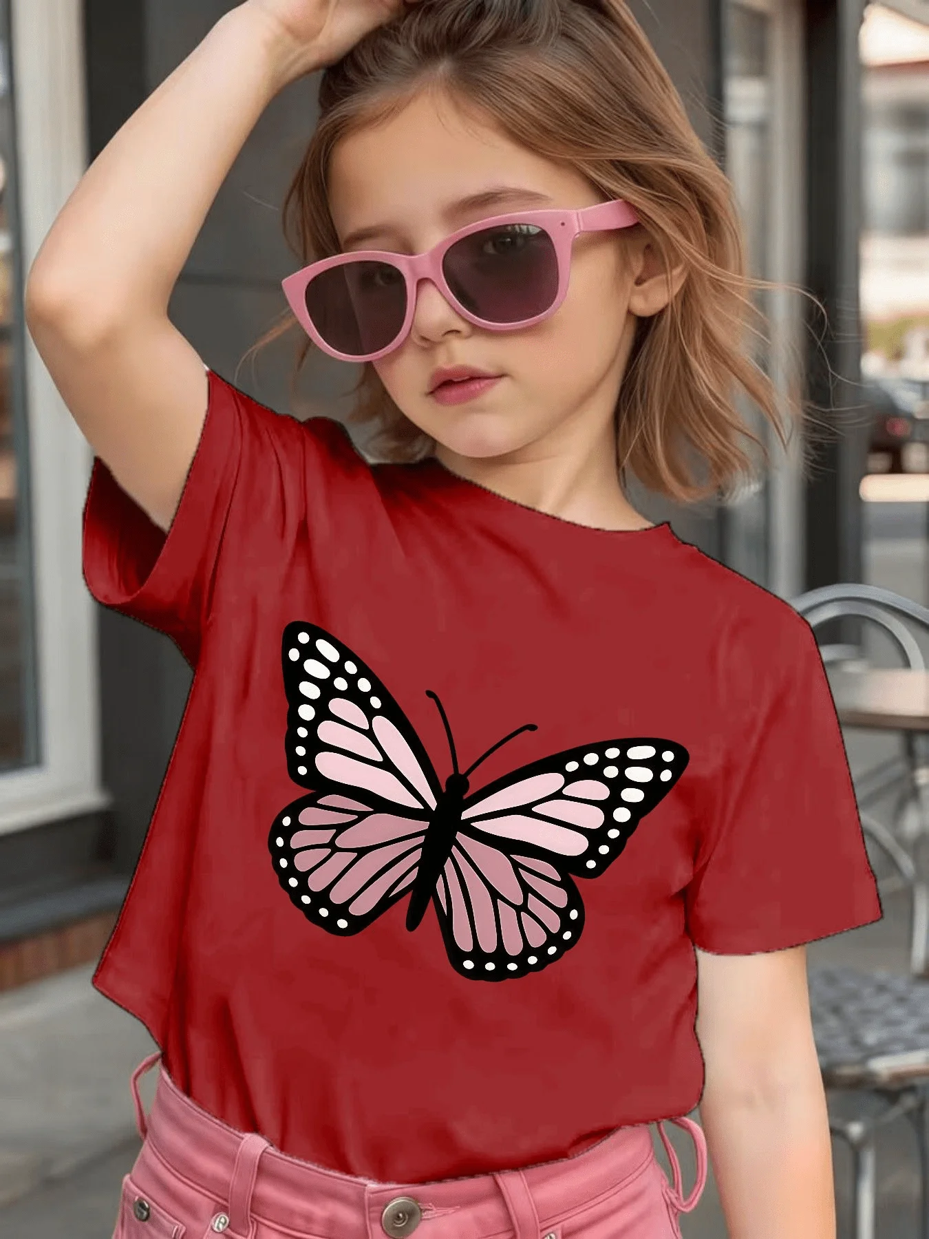 Pink Black Monarch Butterfly Print Kid T Shirt Boy Girl Family Match Cotton Short Sleeve Summer Children Casual Basic Daily Wear