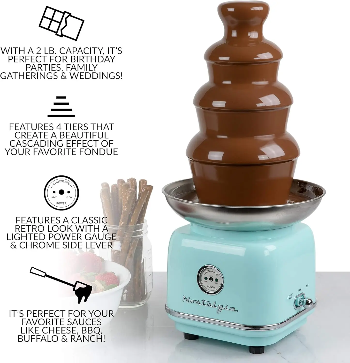 4 Tier Electric Chocolate Fondue Fountain Machine for Parties - Melts Cheese, Queso, Candy, and Liqueur - Dip Strawberries NEW