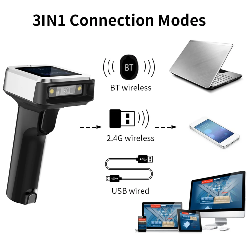 2D 1D QR Barcode Scanner with 1.8 inch TFT Color LCD Screen w/ Charging Base 3 in 1 BT & 2.4GHz Wireless & Wired for Supermarket