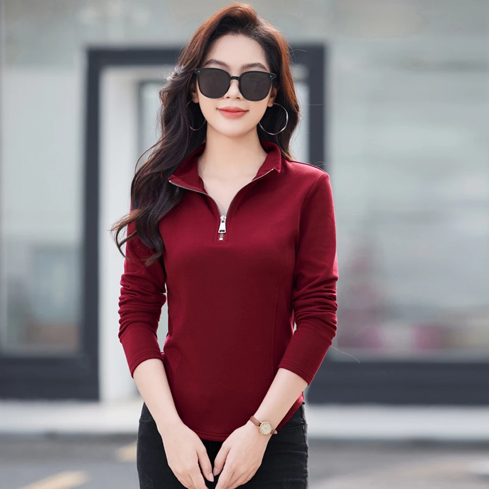 High neck long sleeved t-shirt for women in autumn and winter, high-end fashion, thick and slim fit stand up collar zipper top