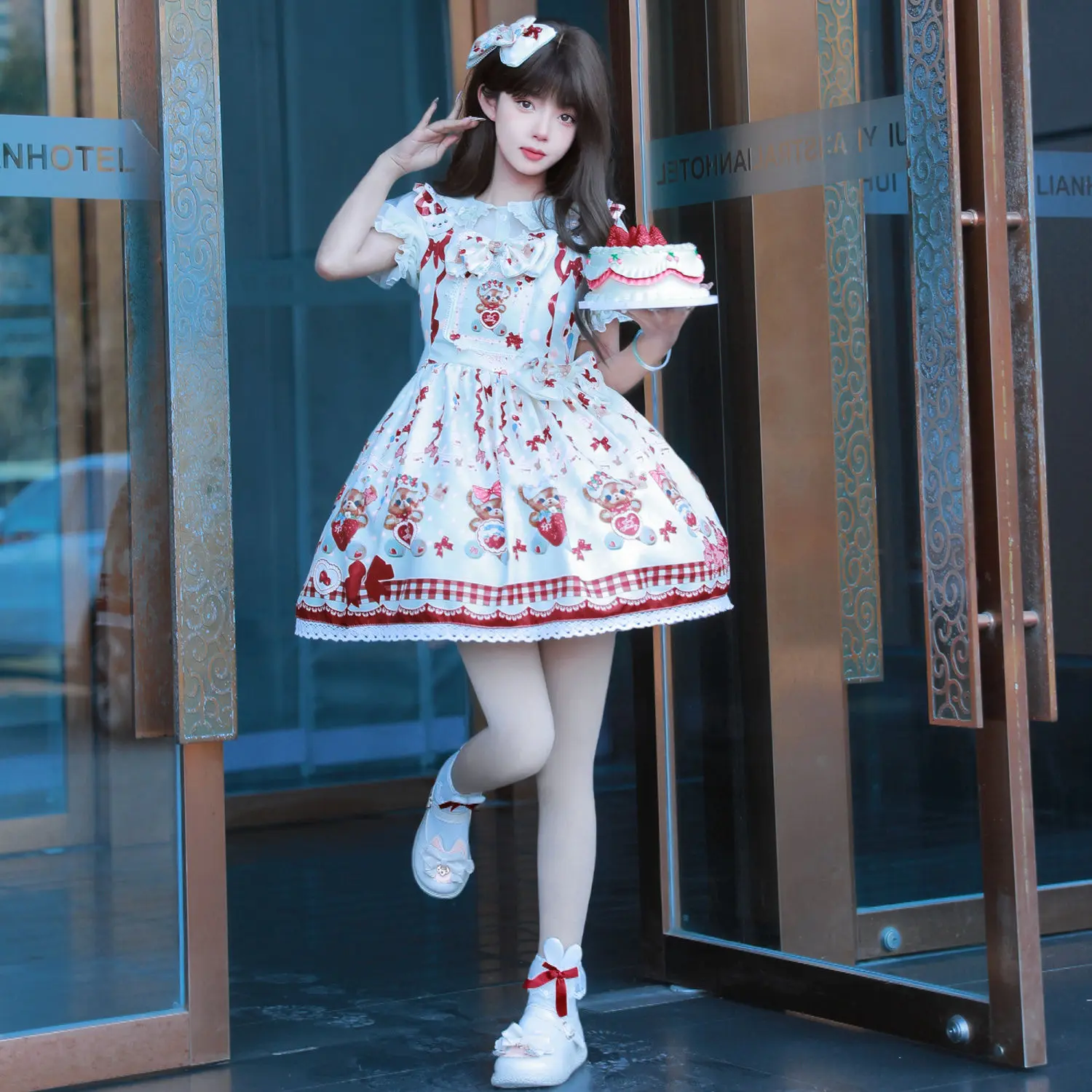 

Japan Sweet Lolita Princess Dress Women Cute Cartoon Bear Print Bow Strap Dresses Kawaii Girl Tea Party Mini Dress