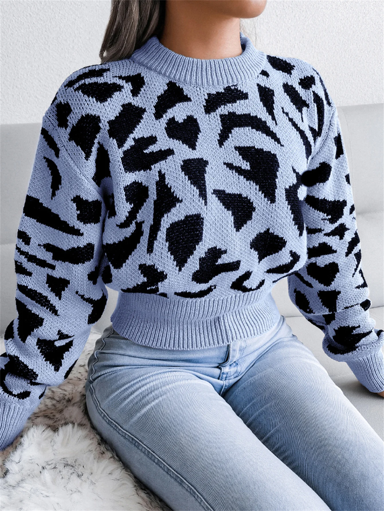 Autumn Winter Round Neck Fashion Leopard Pattern Waist Collection Short Knitted Pullover For Women Sweater Long Sleeve Top