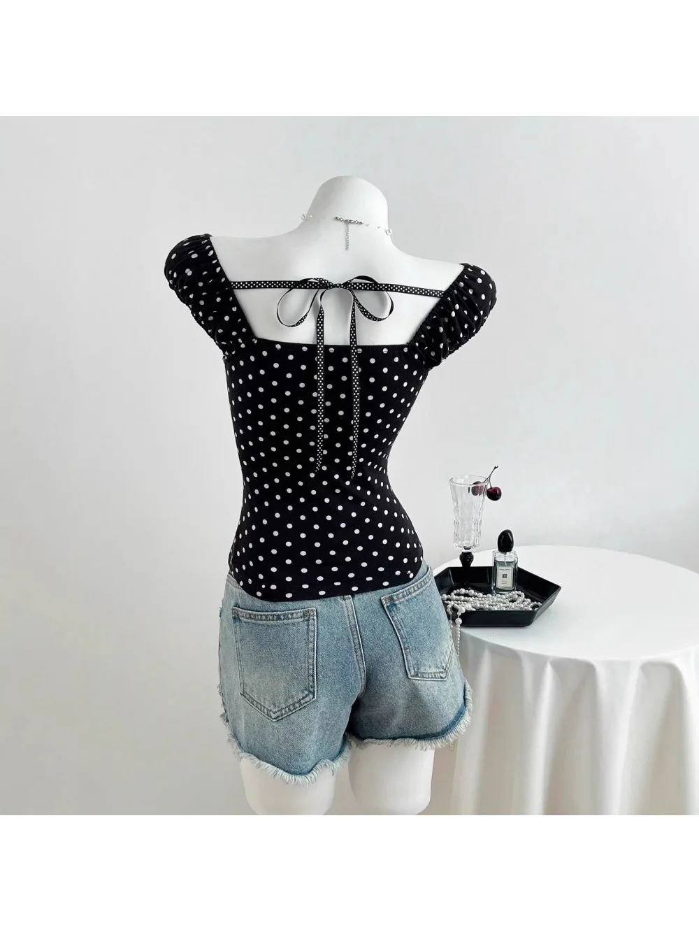 2026 new summer elegant polka dot lace patchwork square neck top casual slim fit lace up fashion simple versatile spicy girl Y2K