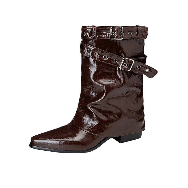 

Women's Fold over Shark Ankle Booties Pointed Toe Medium Heel Shoes Belt Buckles Short Boots for Fall Winter Walkwear