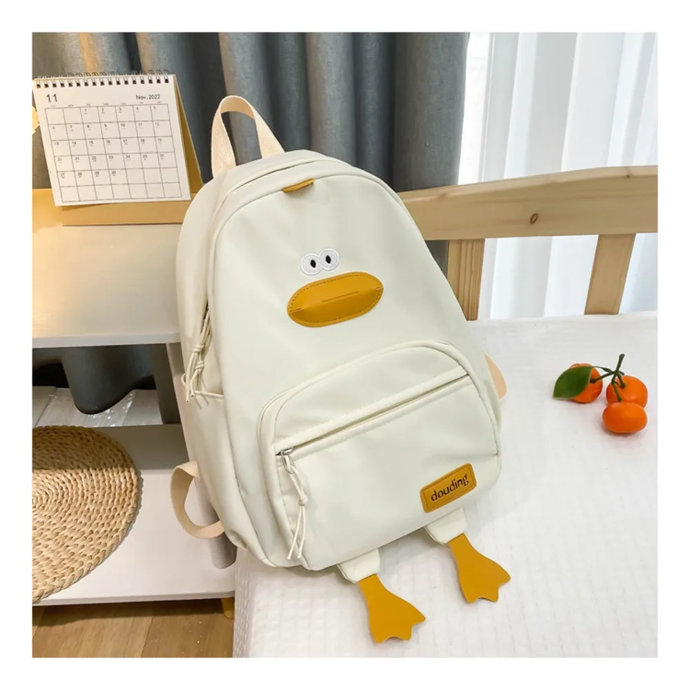 Zaino in nylon con anatra cartone animato Tasche a 3 strati con cerniera Zaino per bambini Borsa da scuola per studenti di grande capacità per bambini