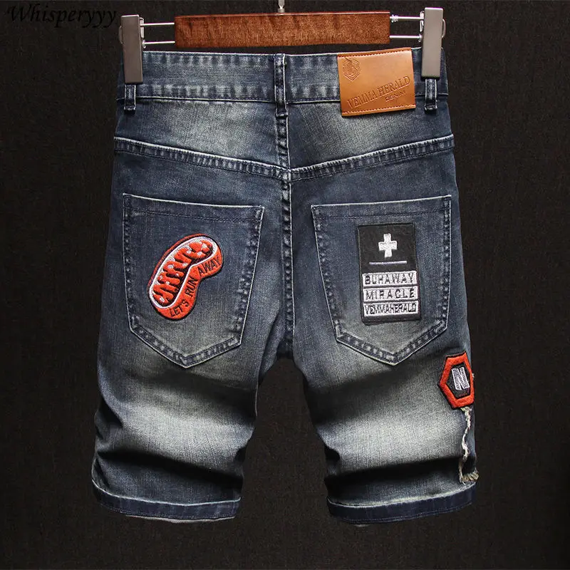 Summer Hole Patch Embroidered Denim Shorts Men Clothing Streetwear Five-point Pants  Badge Casual Jeans Pants Hip-hop Breeches
