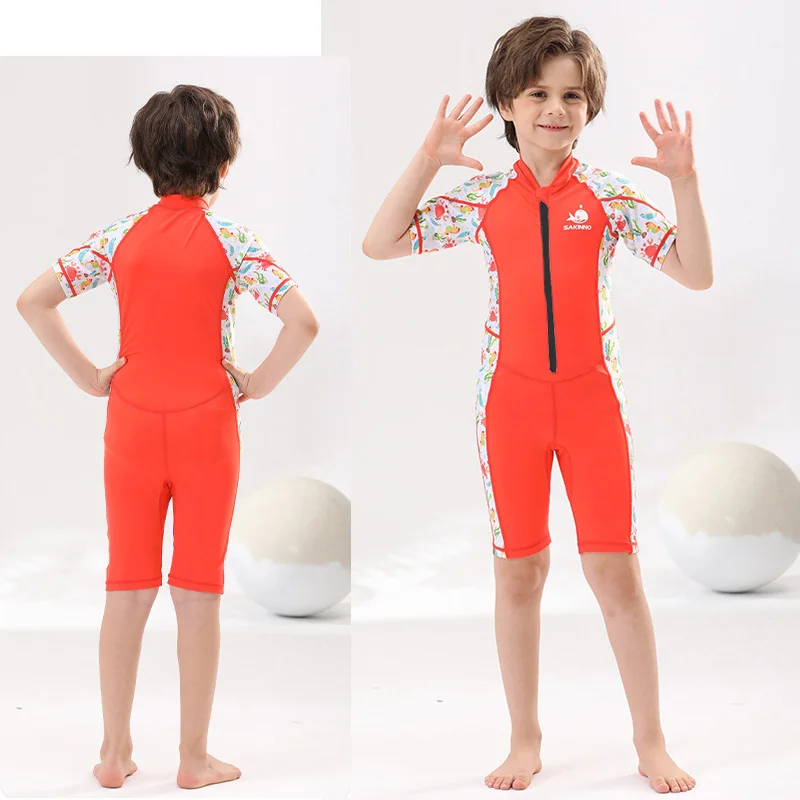 Boys and Girls One Piece Rash Guard Swimsuit Kid Water Sport Short Swimsuit UV Sun Protection Bathing Suits Rashguards Front Zip