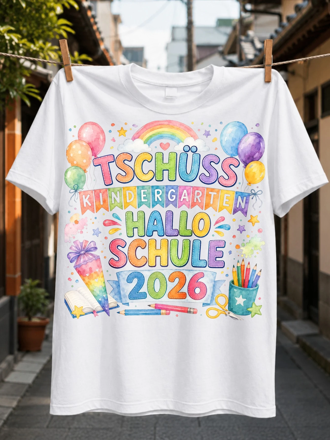 with watercolor Tschuss Kindergarten Hallo Schule 2026 text rainbow balloons pencils and school  Unisex All T-Shirt
