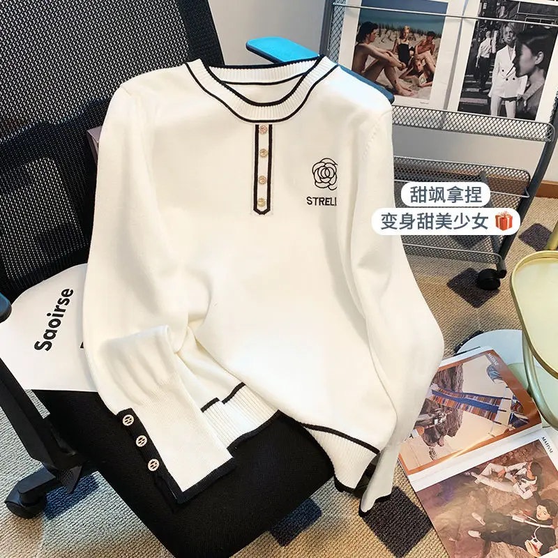 

Осень-зима, офисная женская простая рубашка с круглым вырезом и длинными рукавами, женский универсальный пуловер на пуговицах, свитер, женская одежда