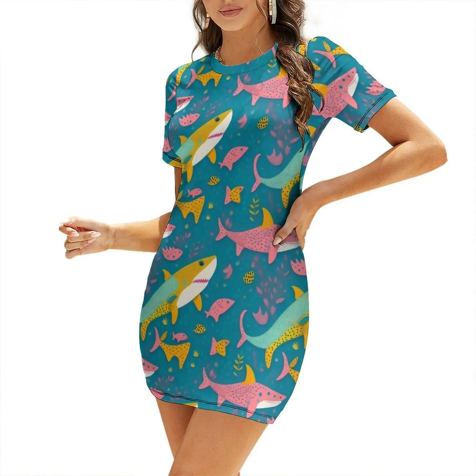 

Sharks life - Seamless Pattern Short-Sleeved Dress women's elegant loose dresses clothes for woman