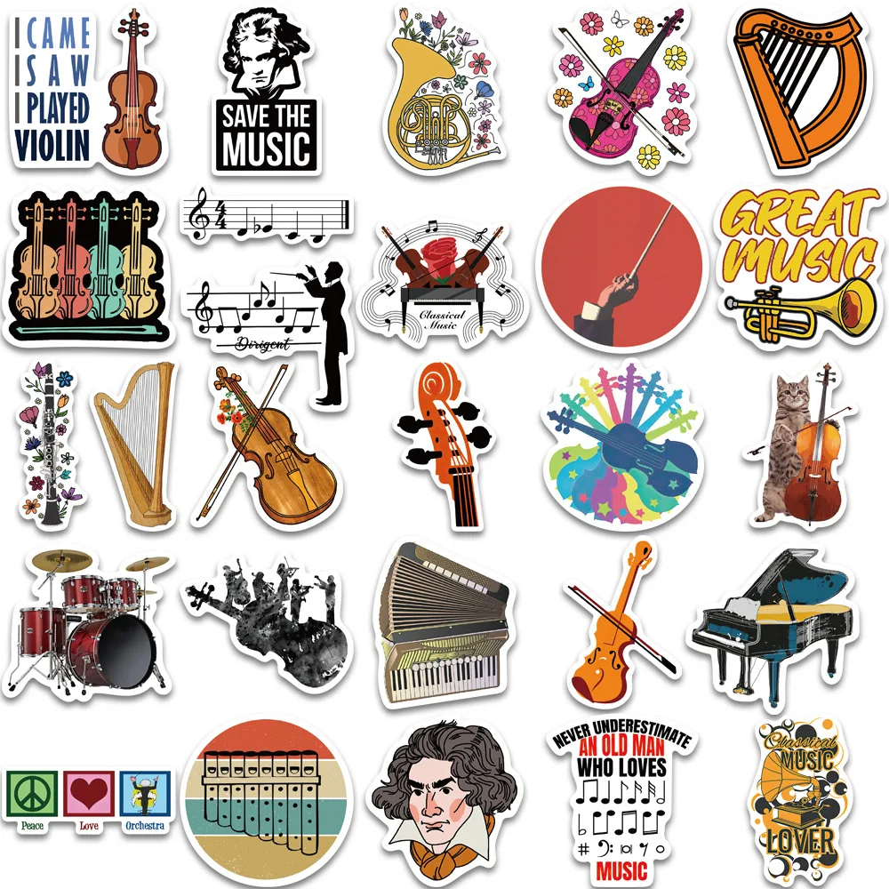 52PCS Musical Instrument Orchestra Music Cartoon Graffiti Stickers Guitar Refrigerator Luggage Kid Classic Toy Sticker Decals