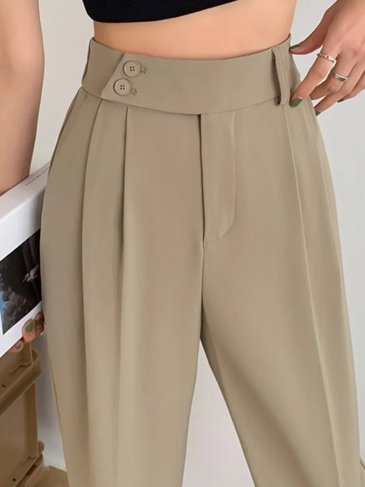 

High Waist Suit Wide Leg Women's Full Pants Spring Summer Buttons Female Elegant Minimalism Straight Loose Trousers 2023 New