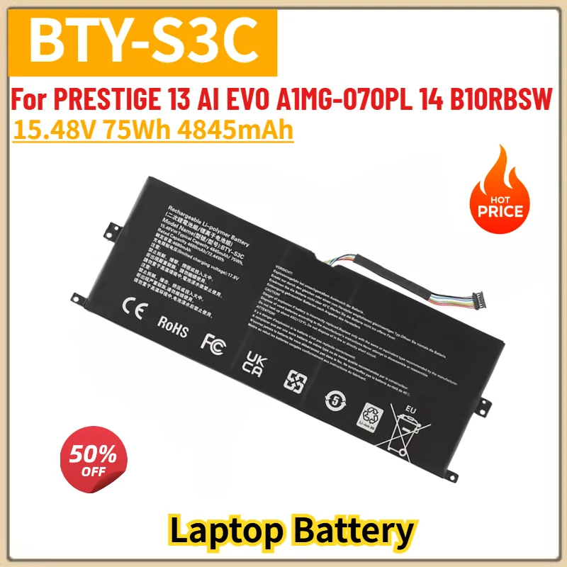BTY-S3C Battery for PRESTIGE 13 AI EVO A1MG-070PL 14 B10RBSW Laptop High Quality Replacement Battery 15.48V 75Wh 4845mAh