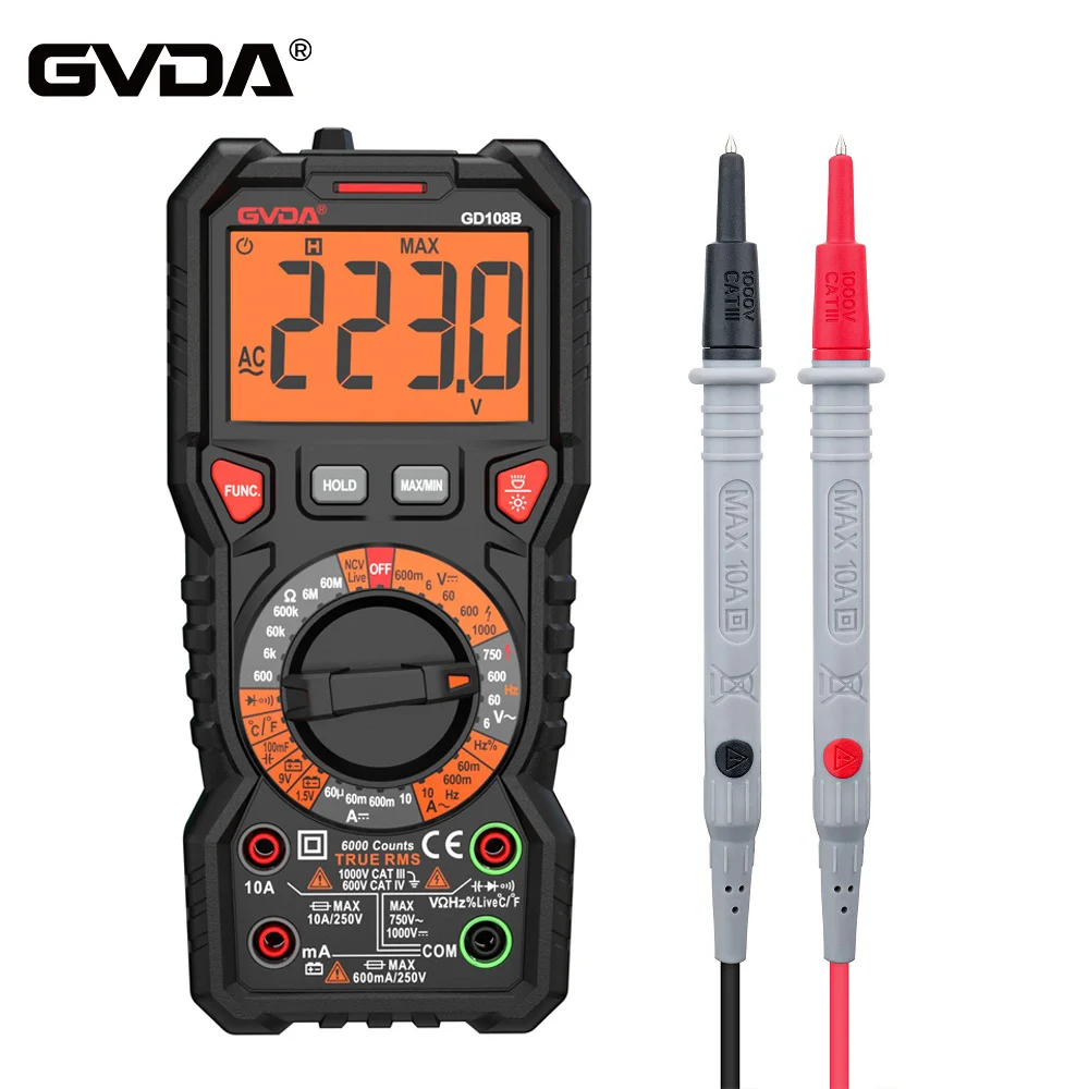 GVDA nowy cyfrowy multimetr RMS automatyczny zakres 6000 liczy Multimetro 1000V 10A AC DC Ohm Hz NCV miernik napięcia na żywo