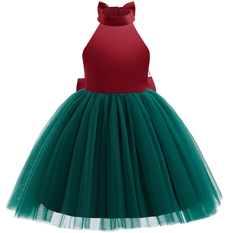 Elegant Girls Halter Neck Flower Girl Dress Satin Wine Red Top Dark Green Tulle Skirt Bow Back Kids Christmas Birthday Dress