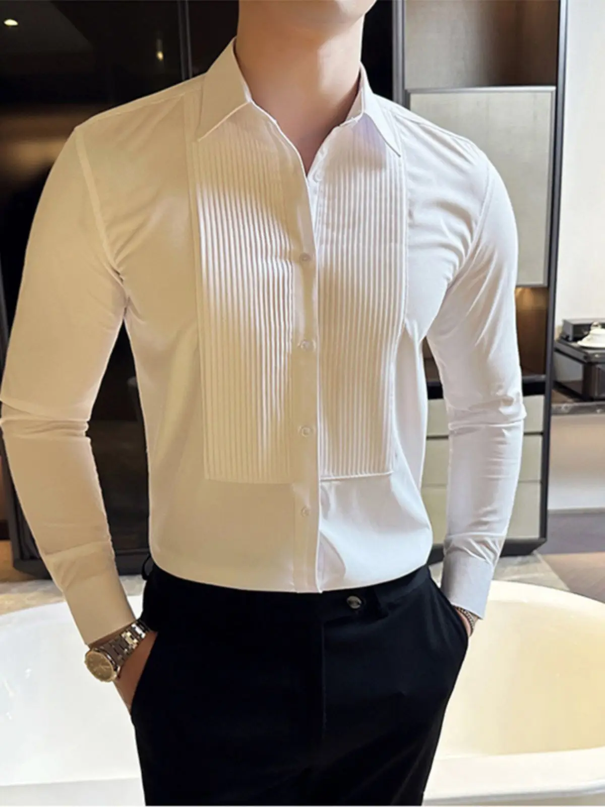 Men's Pleated Tuxedo Wedding Groom Dress Shirt Slim Fit Formal Business Long Sleeve Tailcoat Party Social High Quality Shirt