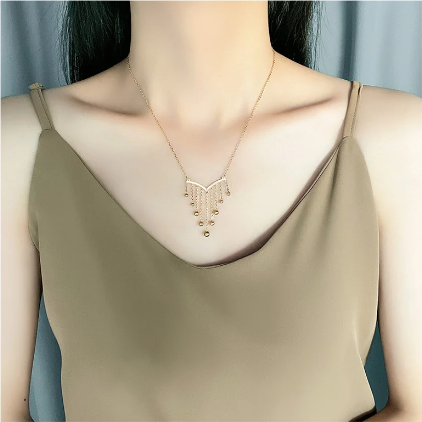 316L Stainless Steel New Fashion Upscale Jewelry V Shape Sexy Beaded Tassel Charms Chain Choker Necklaces & Pendants For Women
