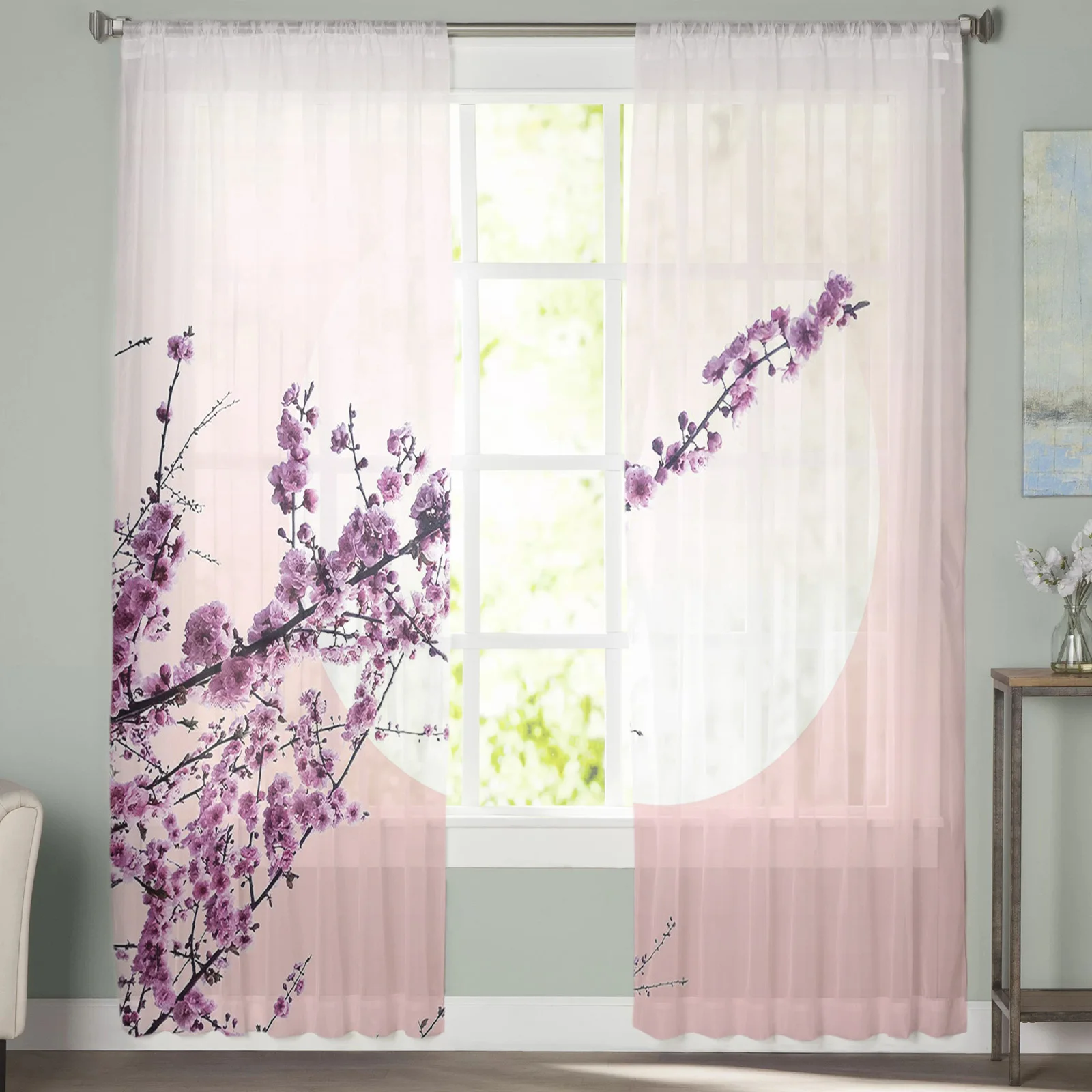 Cherry Blossom Branches Under Moonlight Sheer Curtain Living Room Drapes Home Bedroom Voile Curtain Printed Tulle Window Curtain