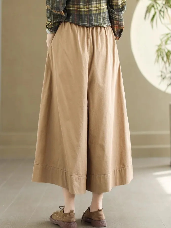 2023 Nieuwe Zomer Retro Artistieke Puur Katoen Casual Broek Vrouwen Elastische Taille Achttien Pendelen Wijde Pijpen Casual Rok Broek