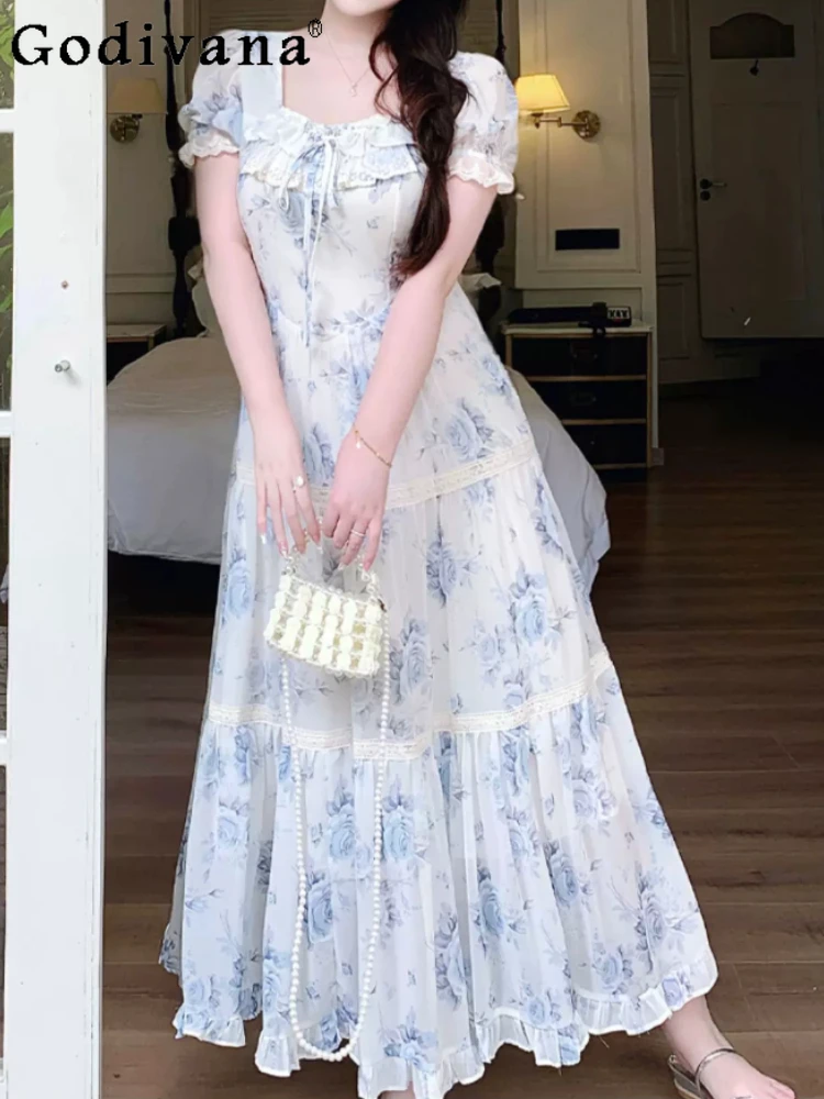 

Spring Summer Elegant French Sweet Chiffon Square Collar Printed Dress Large Size High Waist A-line Holiday Lace Floral Dresses