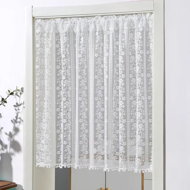 White Lace Short Curtain Head Tassel Cafe Sheer Voile Window Treatment for Office Kitchen Living Room Decor Door Drapes