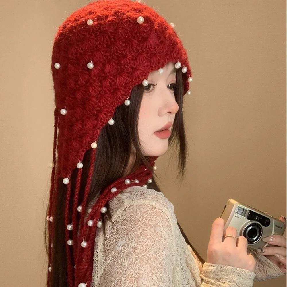 Retro Hollow Out Knitted Pullover Hat Stretchable Winter Warm Fringed Beanie Cap Pearl Tassel Pendant Headband Hat for Women