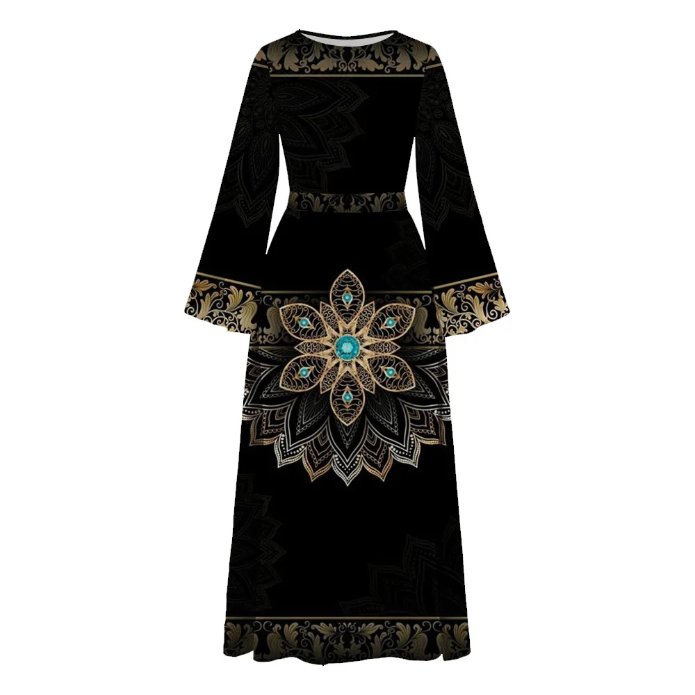 2024 Black Femme Demure Muslim Abaya Ramadan Islamic Clothing Turkey Dubai Detachable Belt Abaya Women Round Neck Printing Abaya