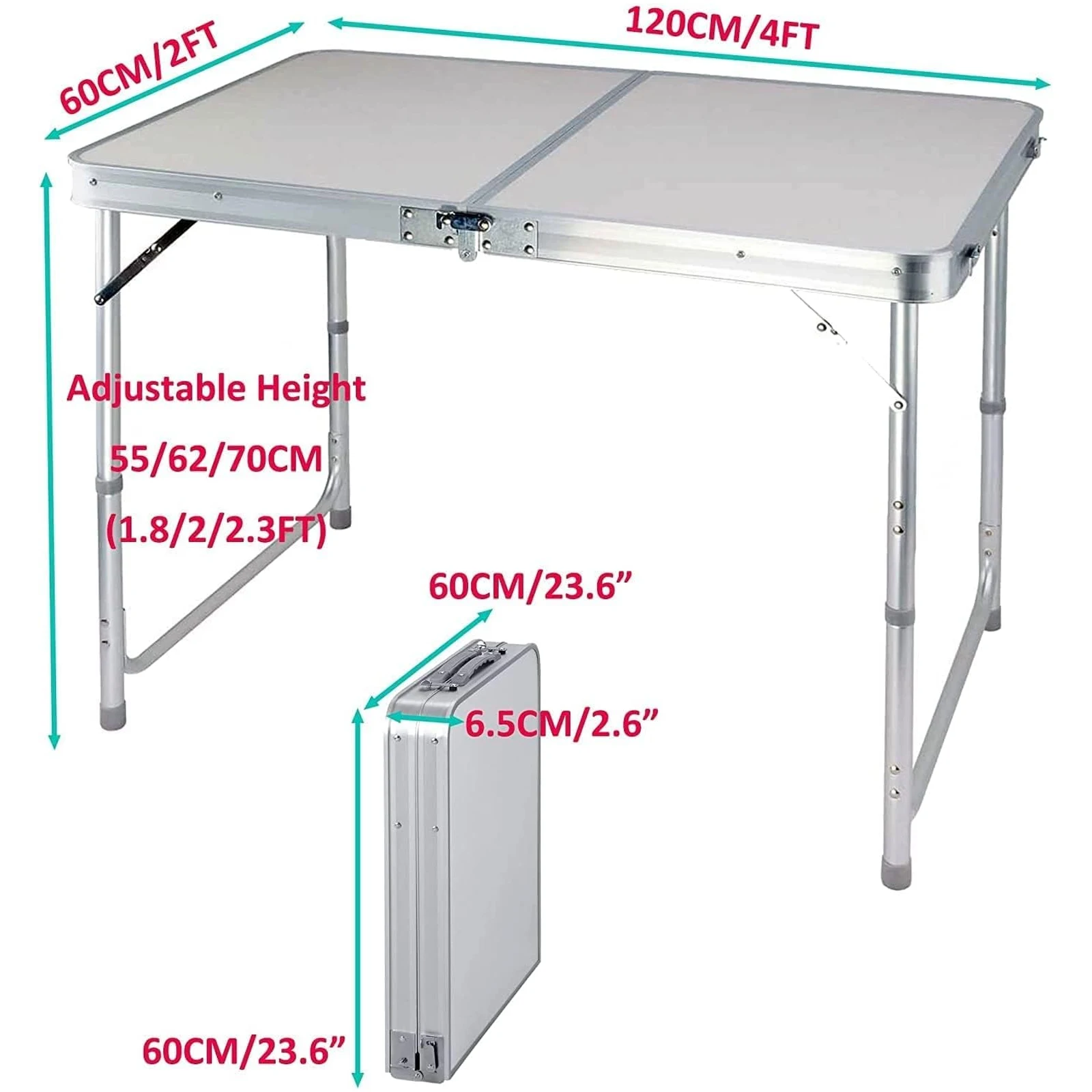 EFAN Folding Table Portable Aluminium Party Kitchen BBQ Trestle Outdoor Tool for Camping Picnic Garden Writing 120x60x70/62/55cm