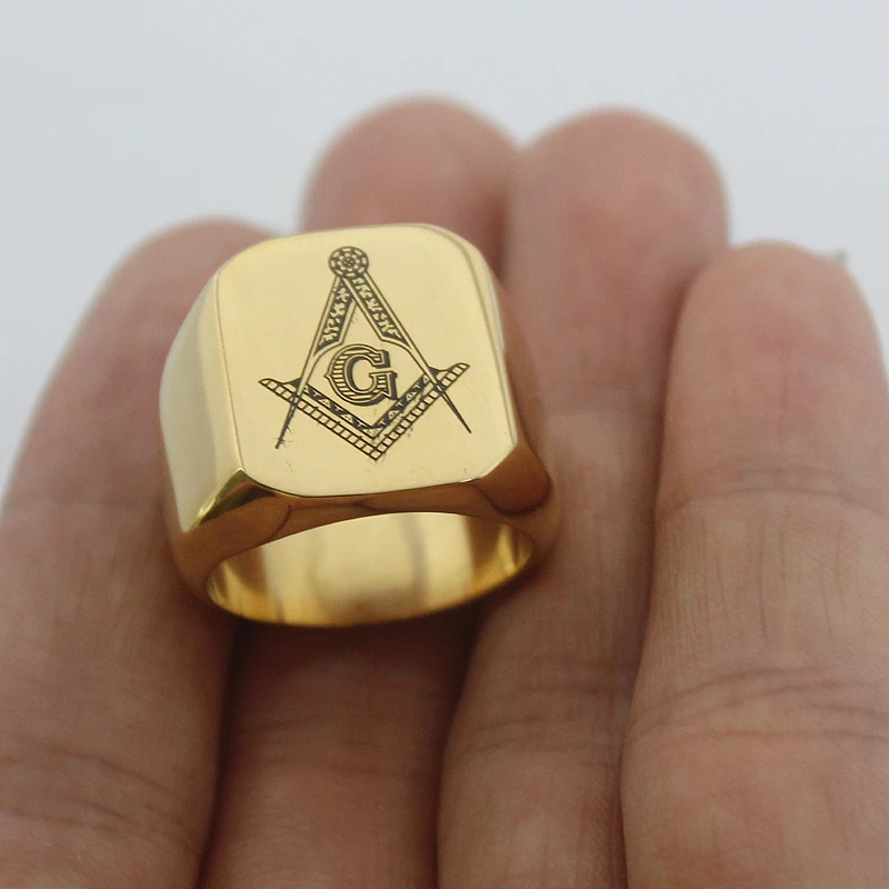 Heavy Men\'s Freemason Gold Color High Polished Signet Solid 316L Stainless Steel Masonic Ring