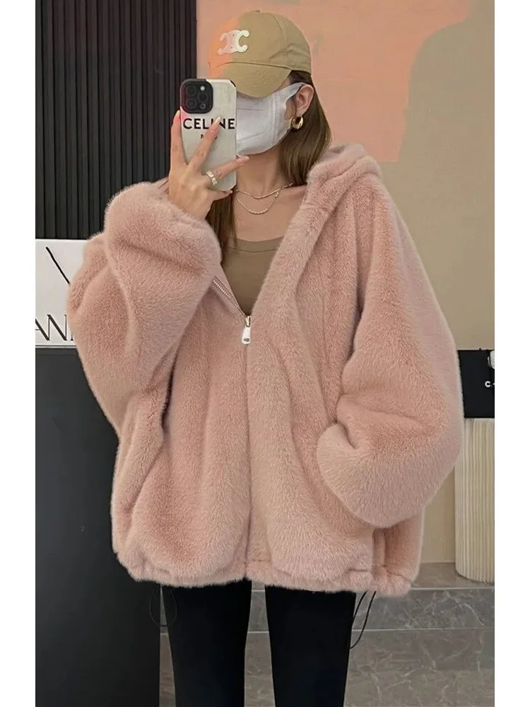 

plus Size Autumn Winter Thick Warm Long Sleeve Hooded Zipper Cotton Jacket Furry Outerwear Casual Loose Fit for plus Size Women