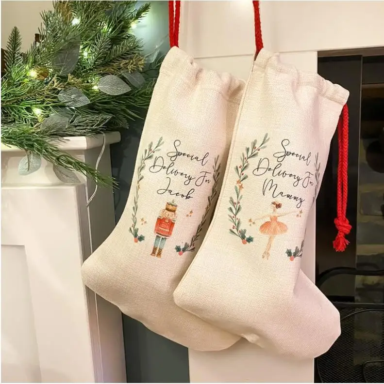 Sublimation Christmas Candy Bag White Blank Stockings Cotton Linen Socks Thermal Transfer Short Plush Gift Bags ni113