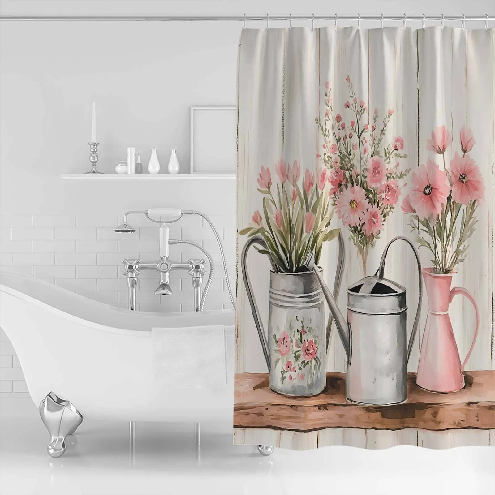 

Spring Pink Flower Shower Curtain Bathroom Decorative Waterproof with Hooks