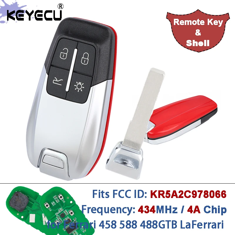 KEYECU FCC ID: KR5A2C978066 434MHz 4A Chip 4 Buttons Smart Remote Key Fob & Shell for Ferrari 458 588 488GTB LaFerrari 2014-2020
