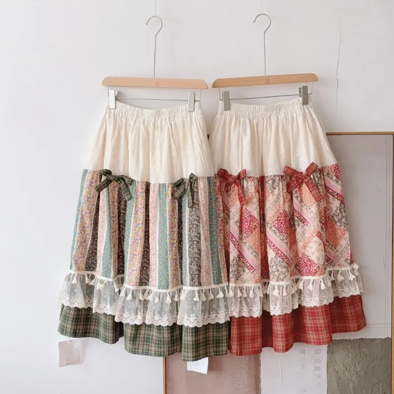 Sweet Vintage Red Plaid Lace Patchwork Skirt Women Japanese Mori Girl High Waist Thick Loose A-Line Beach Pleated Skirt Faldas