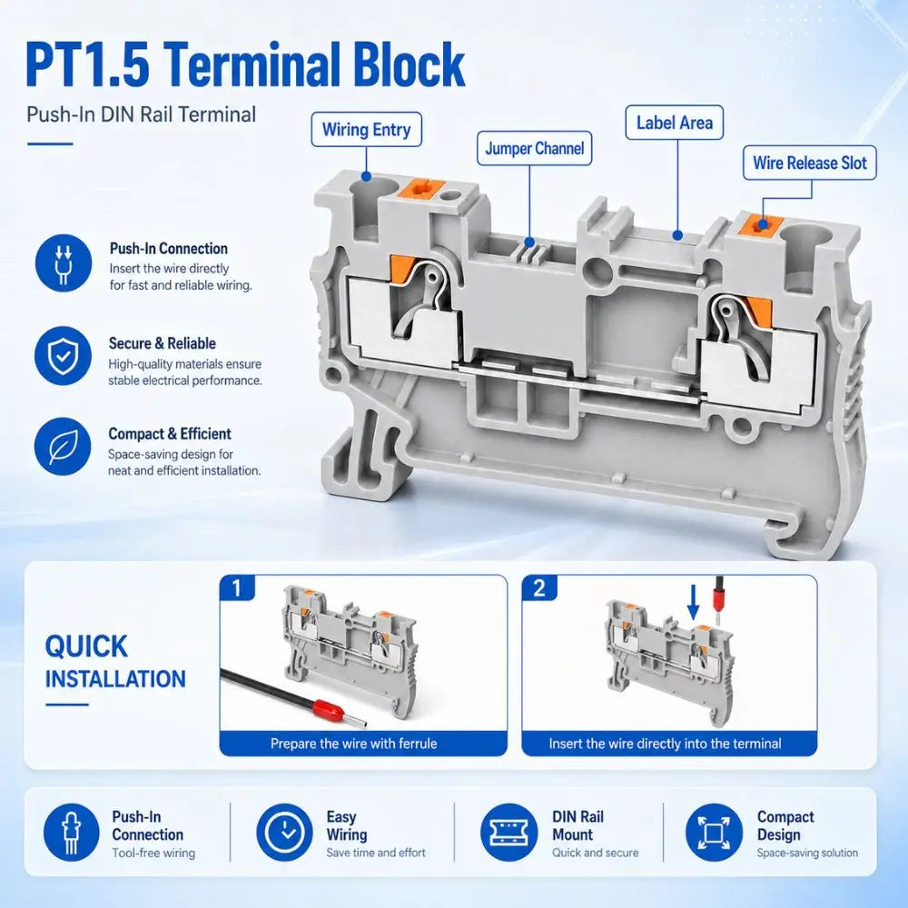 10PCS PT-1.5 DIN Rail Terminal Block Spring Push In Wire Connector Electrical Conductor Wiring Terminal