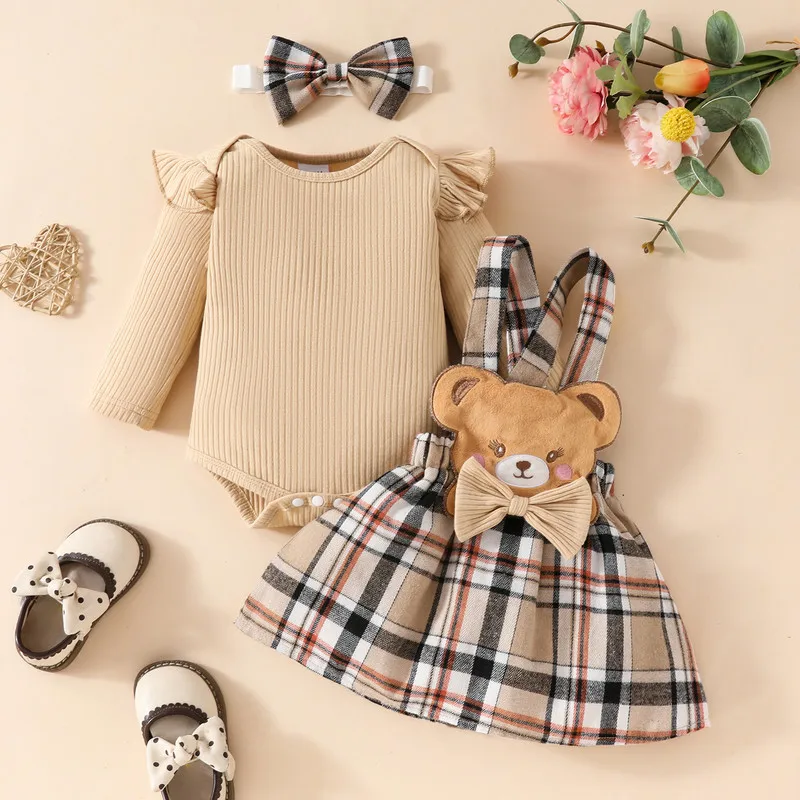 Newborn Baby Girl Skirt Sets Autumn Clothes Ribbed Long Sleeve Bodysuit Bear Embroidery Plaid Suspender Skirt Headband