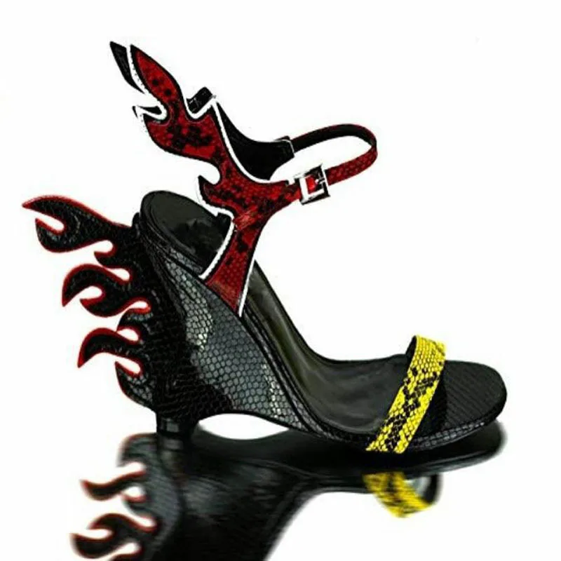 Sexy Women Purfled Stereo Flame Tail Wedge Heel Sandals PVC One Strap Open Toe Alligator Grained Mixed Colors Banquet Shoes