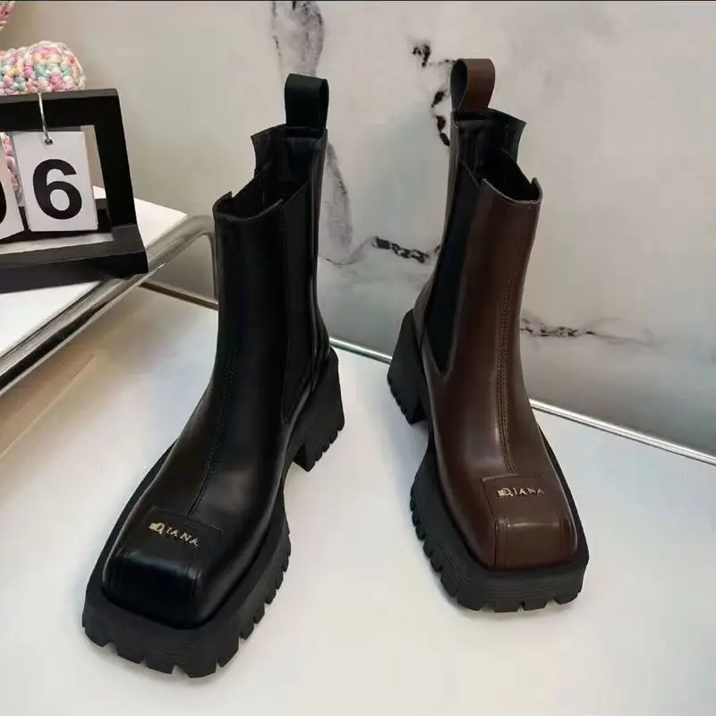 2023 Summer New Chimney Boots Martin Boots Fashion Square Toe Thick Heel Boots Women\'s Elastic Mouth Thick Bottom Boots Trends