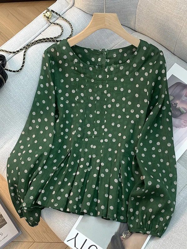Artistic Green Polka Dot Cotton Linen Long Sleeve Women's Shirt Autumn Belly Cover Slim round Neck Doll Top Beautiful Top