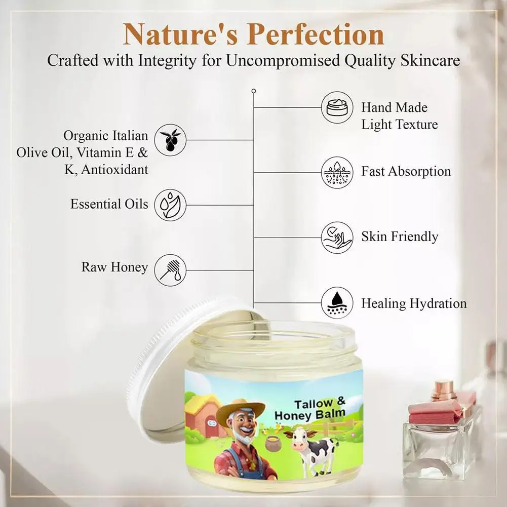 Whipped Beef Tallow and Honey Balm Skin Face Moisturizer Cream Finished Grass Face Fed Absorption Lotion Grass Body Fast Or B3L6