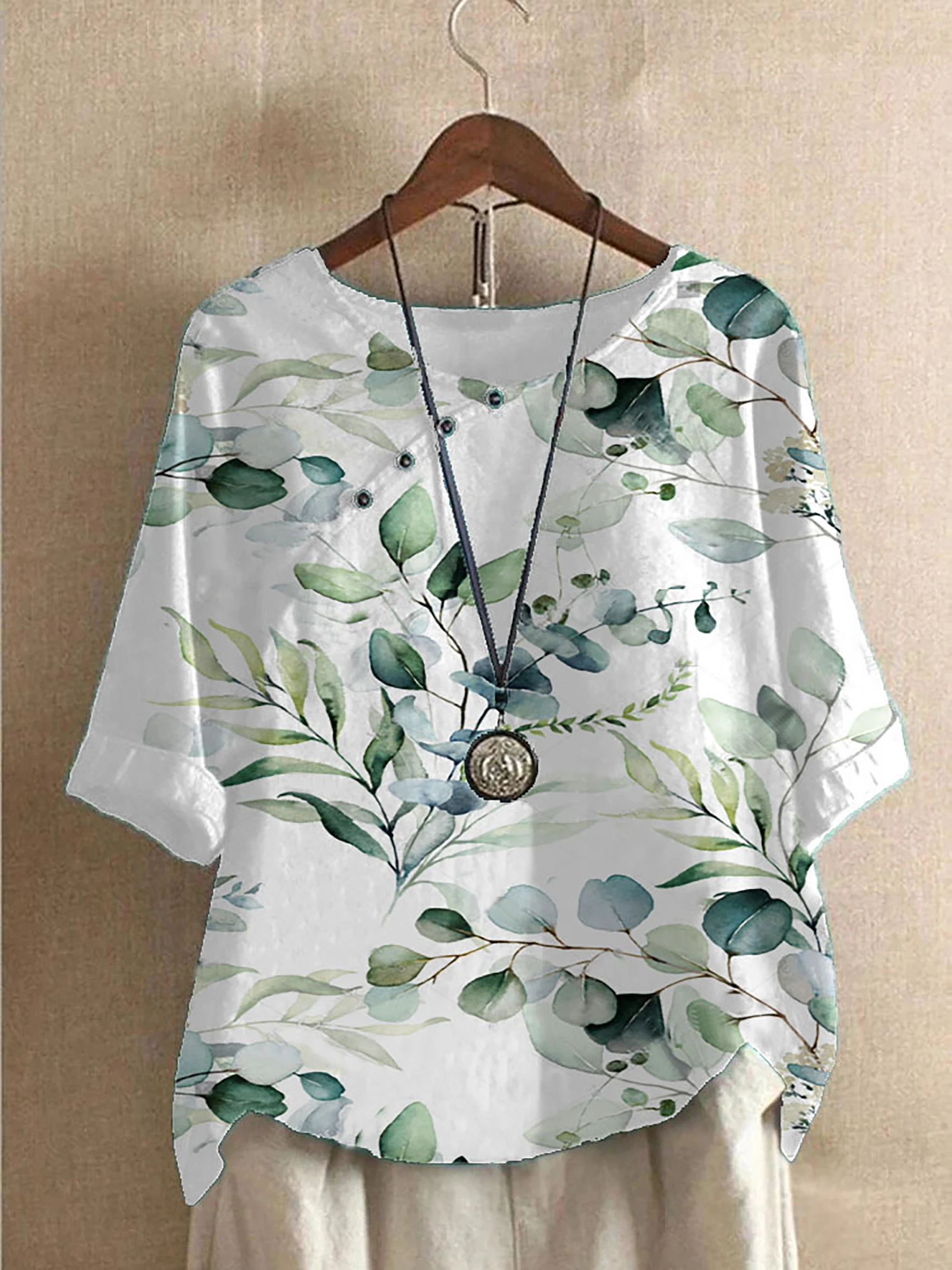 2024 summer vintage cotton and linen fashion print loose casual shirt short sleeve T-shirt woman