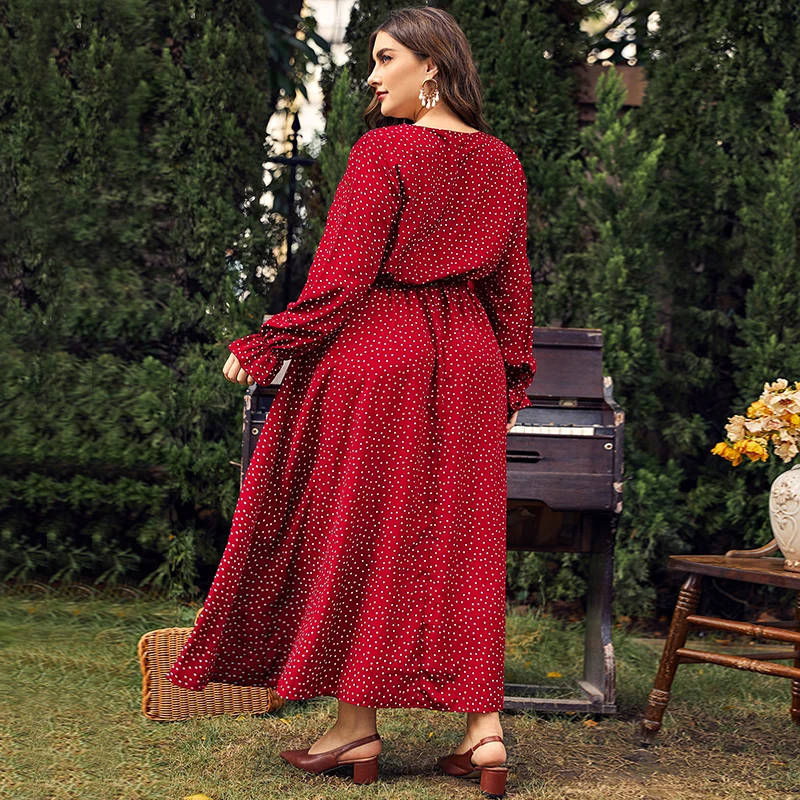 3XL 4XL Plus Size Women Clothing Elegant Long Sleeves Polka Point Female Maxi Dress Casual Travel Vacation Chiffon Dress