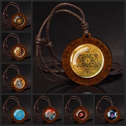 Sacred Geometry Pendants Sri Yantra Metatron's Cube Mandala Glass Dome Wooden Pendant Vintage Necklace Melcaba Symbol Jewelry