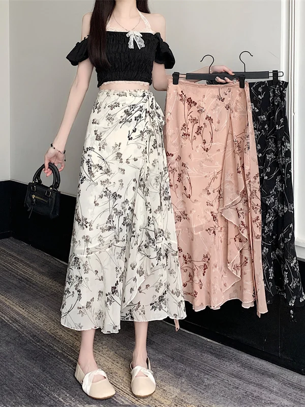 

Summer New Women's High Waist Slim A-Line Midi Skirt with Belt Tied f Skirt Floral Print Chiffon Commute Sle Polyester F...