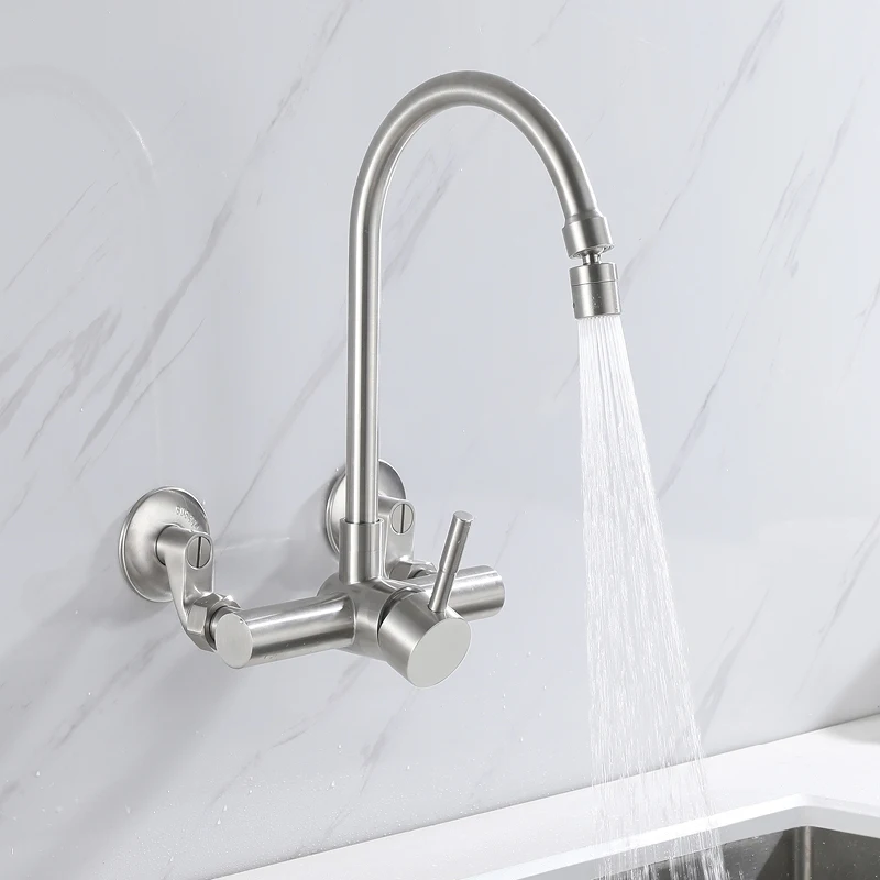 2 Function Kitchen Sink Faucet Wall Mounted Rotatable 360° Vessel Sink Faucet Dual Hole Hot and Cold Mixer Tap Brushed