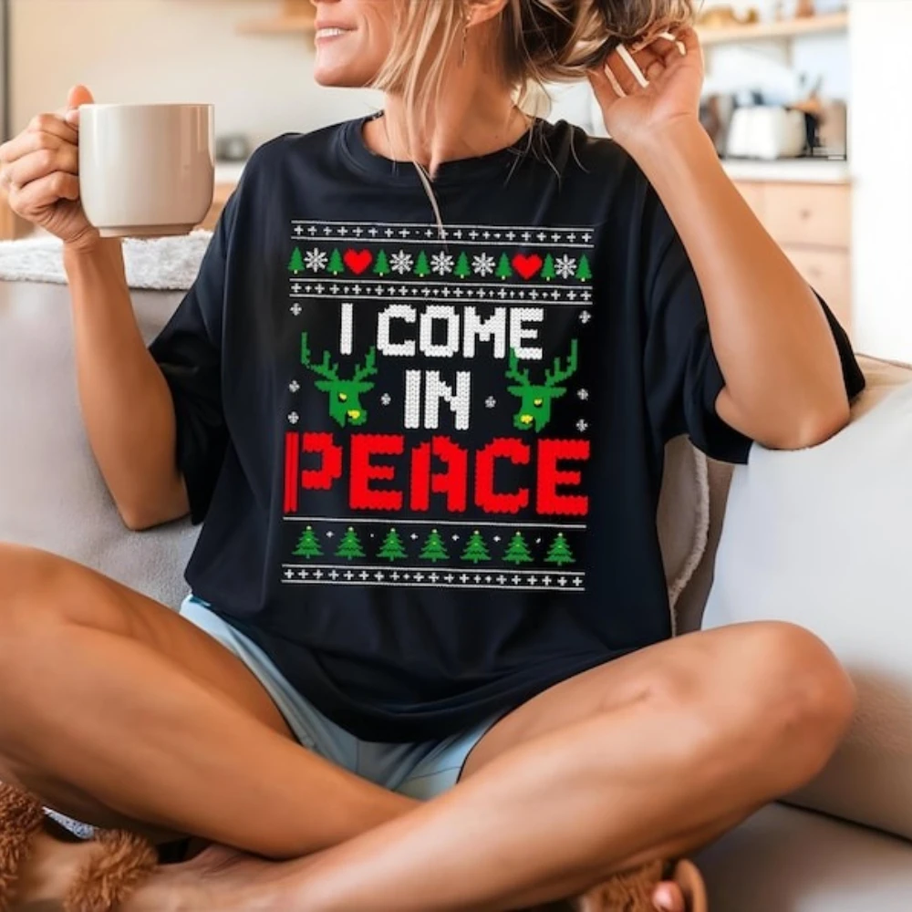 Eu veio na paz casal camisa combinando casais engraçados feio tshirt natal feio adulto humor férias pegajoso natal roupas femininas